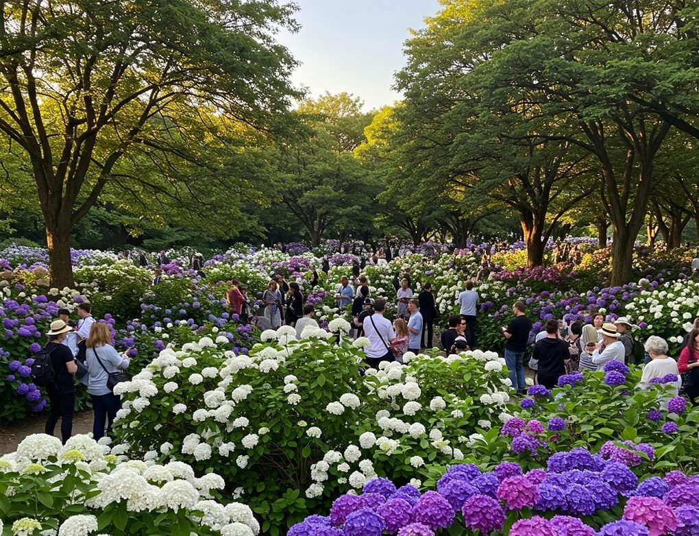 たくさんのアジサイや似ている花のある公園をたくさんの人が散策している様子